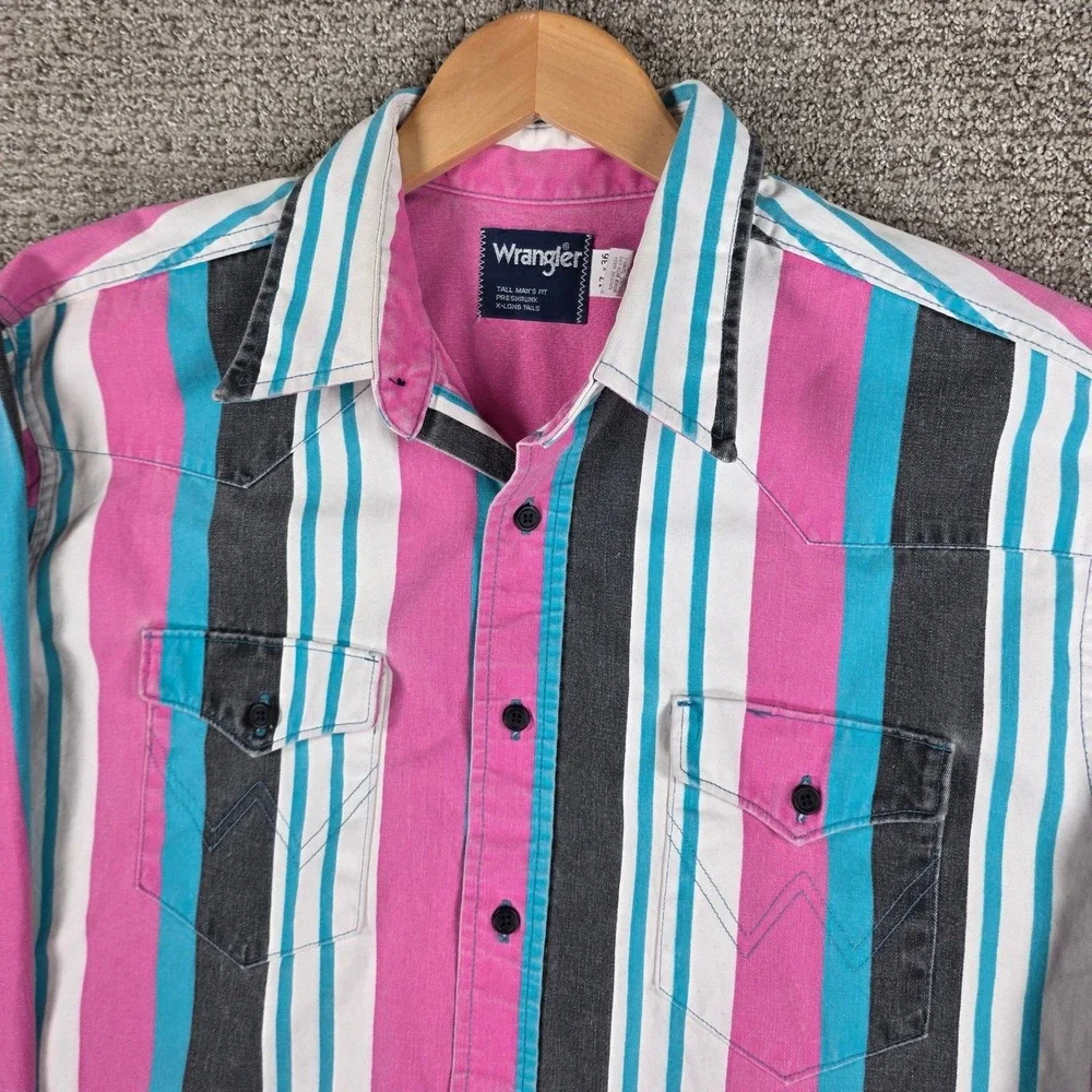 Vintage Wrangler Brushpopper Mens Western Shirt Pink Striped X-Long Tails 17x36 - Picture 2 of 10